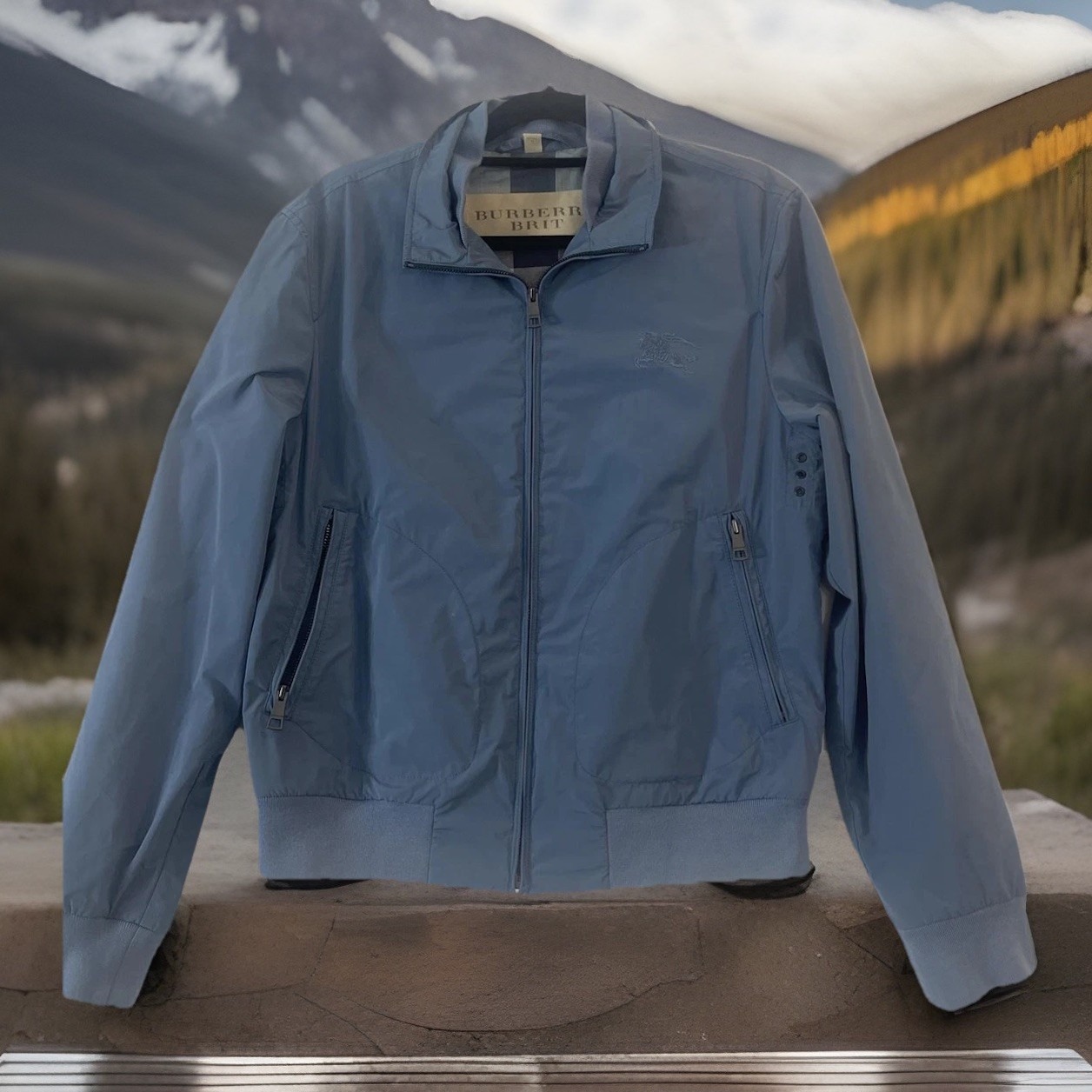 Read, Burberry Brit Jacket Mens M Blue Lightweight Bomber Full Zip Logo Flawed